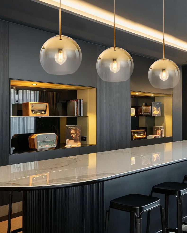 Clear Glass Globe Pendant Light, Brass Rod Suspension, Contemporary Style, Kitchen Island, Dining Table & Living Room