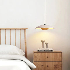 Travertine Disc Pendant Light, Speckled Stone Saucer Shade, Natural Wood Connecting Collar, Bedside & Dining Table