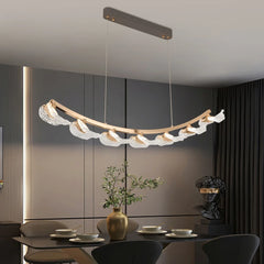 Curved Brass Linear Bar Chandelier, Textured Glass Clusters, 1000mm Bar Span, Integrated LED, Dining Room & Living Room