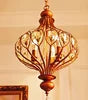 Bronze Metal Lantern Chandelier, 50cm, Scrolled Frame with Amber Crystal Drops, Wood Finial, Dining Room and Stairwell