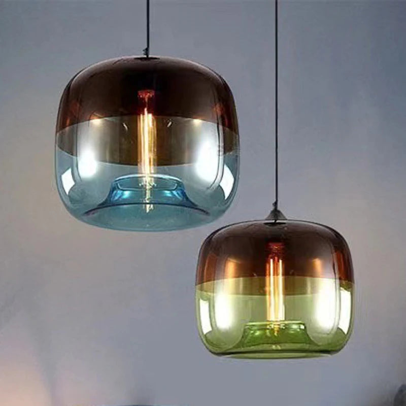 Amber to Green Ombre Glass Drum Pendant Light, Graduated Glass Tone, Exposed Bulb, Dining Table & Kitchen Island