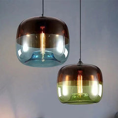Amber to Green Ombre Glass Drum Pendant Light, Graduated Glass Tone, Exposed Bulb, Dining Table & Kitchen Island