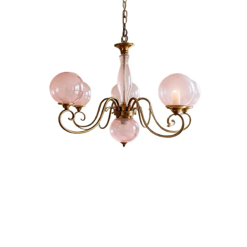 Pink Glass Globe Cluster Chandelier, 9 Spheres on Scrolled Brass Arms, Chain Suspension, Dining Room and Hallway