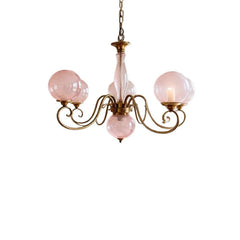 Pink Glass Globe Cluster Chandelier, 9 Spheres on Scrolled Brass Arms, Chain Suspension, Dining Room and Hallway
