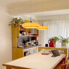 Brown Opal Glass Ellipse Pendant Light, Rounded Drum on a Slim Chrome Cord, Dining Table, Kitchen Island & Living Room