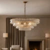 Rippled Smoked Glass Tiered Chandelier, Brass Chain Suspension, Multi Layer Scalloped Shade, Dining Room Ceiling