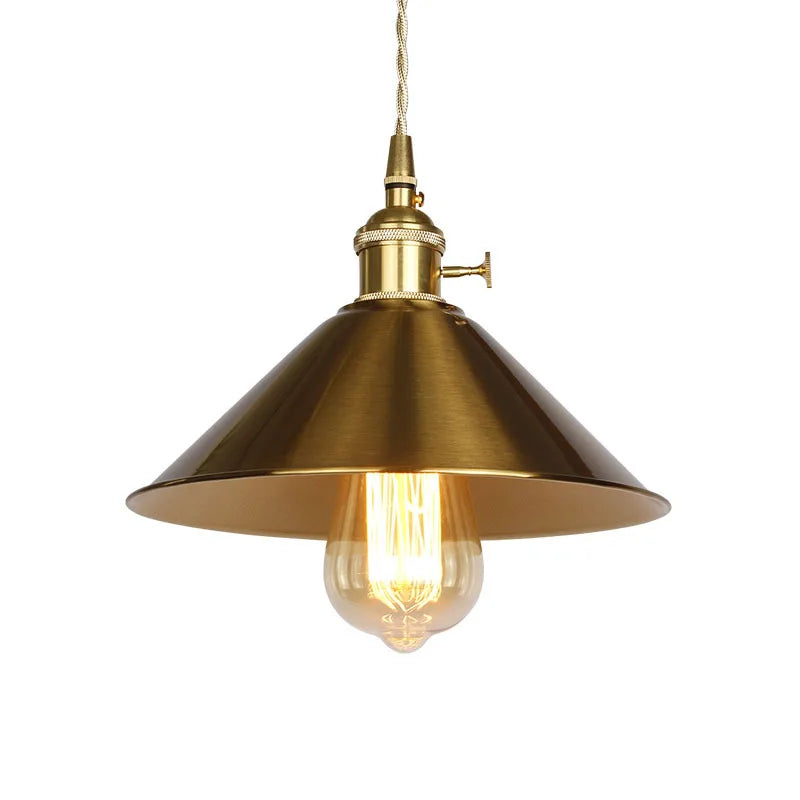Brass Cone Pendant Light, Exposed Filament Bulb, 18cm Shade, Industrial Vintage Style, Dining Table & Home Office