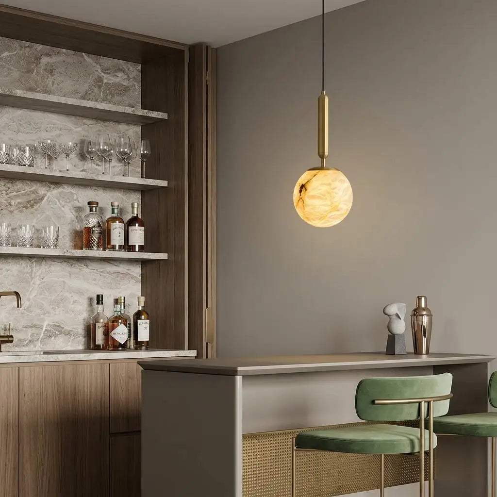 Textured Alabaster Globe Pendant Light, Brushed Brass Stem, Warm Veined Glow, D12 H31cm, Integrated LED, Bedside, Bedroom & Hallway