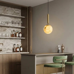 Textured Alabaster Globe Pendant Light, Brushed Brass Stem, Warm Veined Glow, D12 H31cm, Integrated LED, Bedside, Bedroom & Hallway