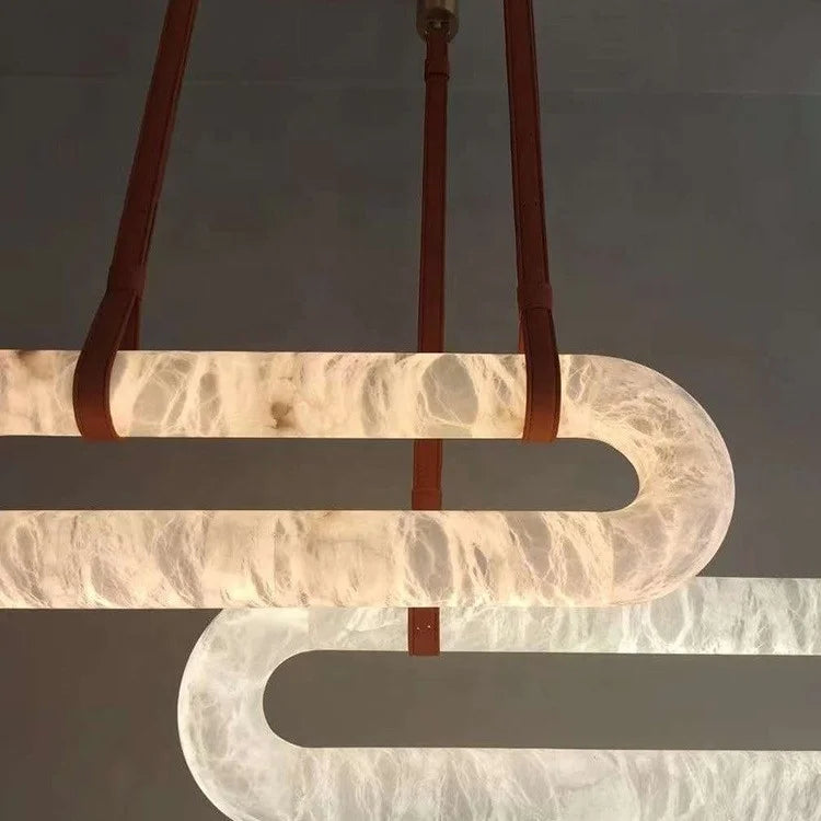 Alabaster Ring Chandelier, 100cm Oval in Natural Stone on Tan Leather Straps, Brass Canopy, Dining Table & Living Room