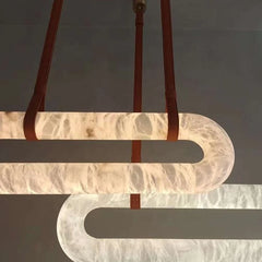 Alabaster Ring Chandelier, 100cm Oval in Natural Stone on Tan Leather Straps, Brass Canopy, Dining Table & Living Room