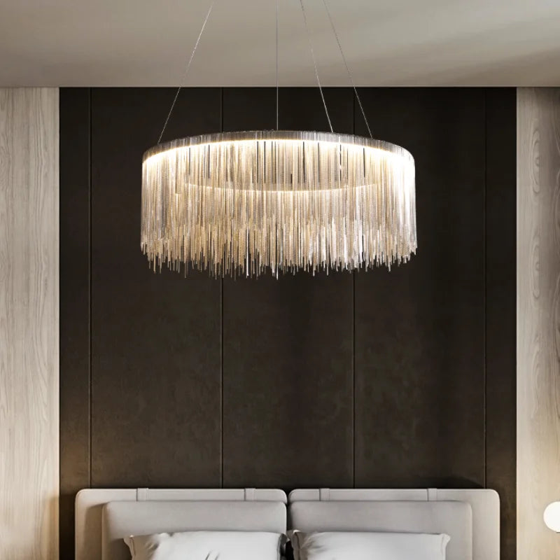 Rose Gold Chain Fringe Tiered Chandelier, Mini Two Tier Cascade over a Silver Drum Frame, Dining Room and Living Room