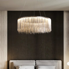 Rose Gold Chain Fringe Tiered Chandelier, Mini Two Tier Cascade over a Silver Drum Frame, Dining Room and Living Room