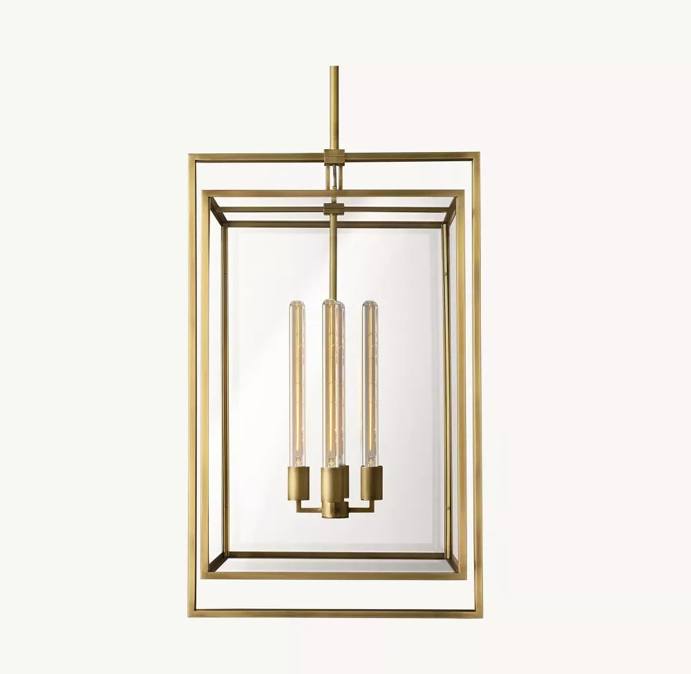 Open Cage Lantern Pendant Light, 21" Brass Nested Double Frame, 3 Exposed Tube Bulbs, Hallway, Dining Table & Living Room