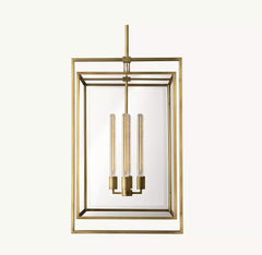 Open Cage Lantern Pendant Light, 21" Brass Nested Double Frame, 3 Exposed Tube Bulbs, Hallway, Dining Table & Living Room
