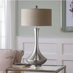 Polished Nickel Teardrop Table Lamp, 30 x 62cm, Taupe Drum Shade, Tapered Base on Crystal Foot, Bedside & Console