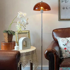 Amber Dome Floor Lamp, Mushroom Shaped Shade on a Slim Chrome Pole, Round Base, Living Room and Reading Corner