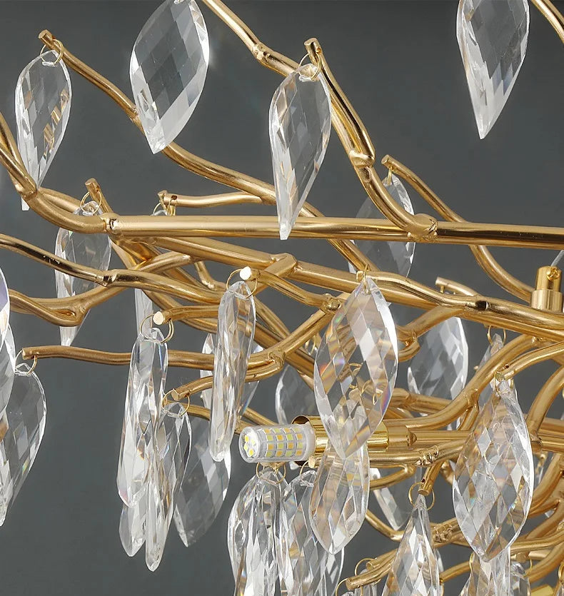 Gold Branch Crystal Leaf Flush Ceiling Light, Faceted Drops on a Starburst Frame, Single Fixed Finish, Dining Table & Living Room