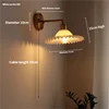 Fluted Glass Bowl Wall Light, Cream Finish, Brushed Brass Gooseneck Arm, Pull Cord Switch, Bedroom, Hallway & Living Room