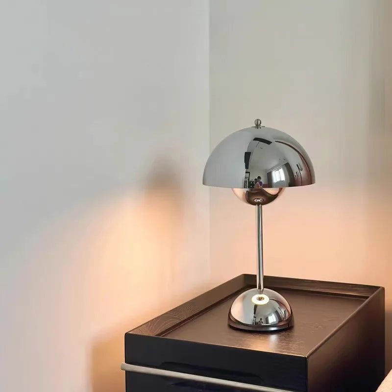 Polished Dome Table Lamp, Chrome Finish, Rechargeable Cordless Touch Control, Integrated LED, Bedside, Dining Table & Living Room