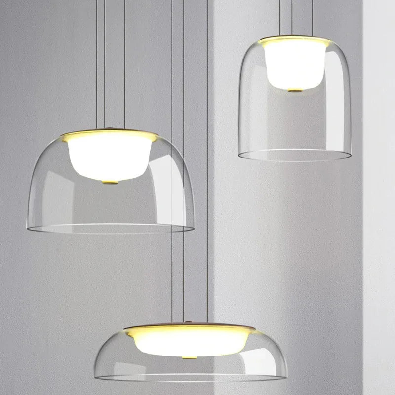 Clear Glass Dome Pendant Light, 28cm Shade, Gold Metal Trim, Opal Diffuser Ball, Dining Table & Kitchen Island