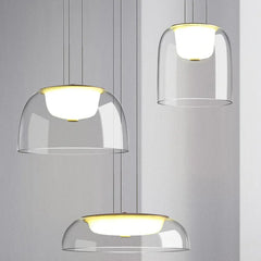 Clear Glass Dome Pendant Light, 28cm Shade, Gold Metal Trim, Opal Diffuser Ball, Dining Table & Kitchen Island