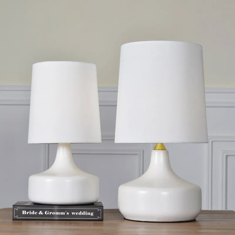Ceramic Teardrop Table Lamp, White Bulbous Glazed Body, Large Size, Linen Drum Shade, Bedroom, Bedside & Living Room