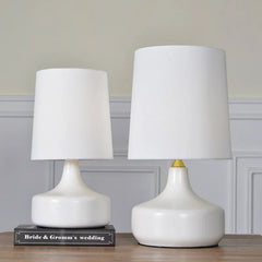 Ceramic Teardrop Table Lamp, White Bulbous Glazed Body, Large Size, Linen Drum Shade, Bedroom, Bedside & Living Room