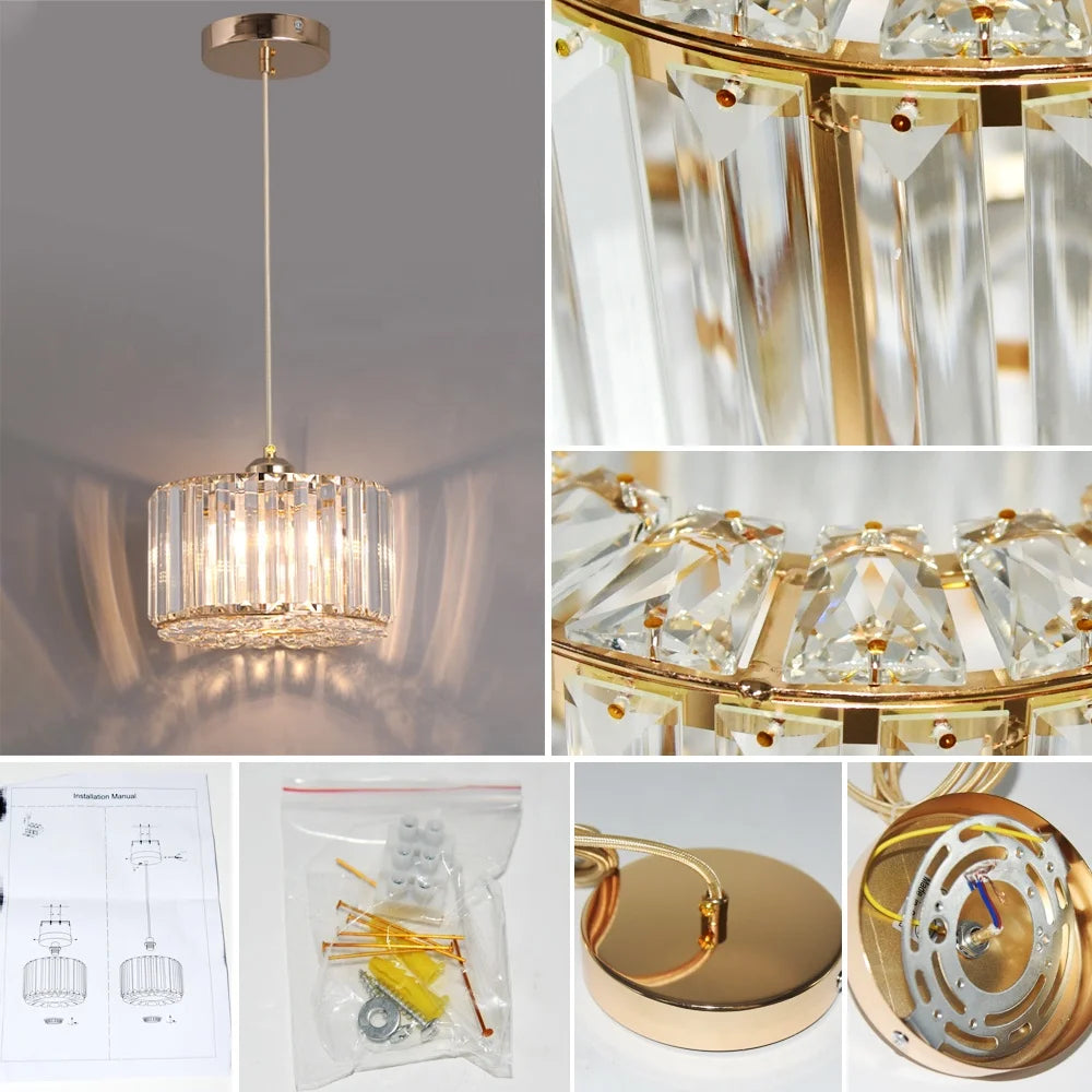 Faceted Crystal Drum Pendant Light, Black Frame with a Slim Brass Suspension Rod, Dining Table and Living Room