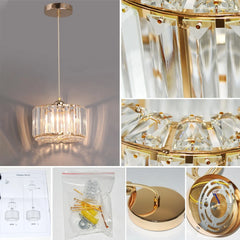 Faceted Crystal Drum Pendant Light, Black Frame with a Slim Brass Suspension Rod, Dining Table and Living Room