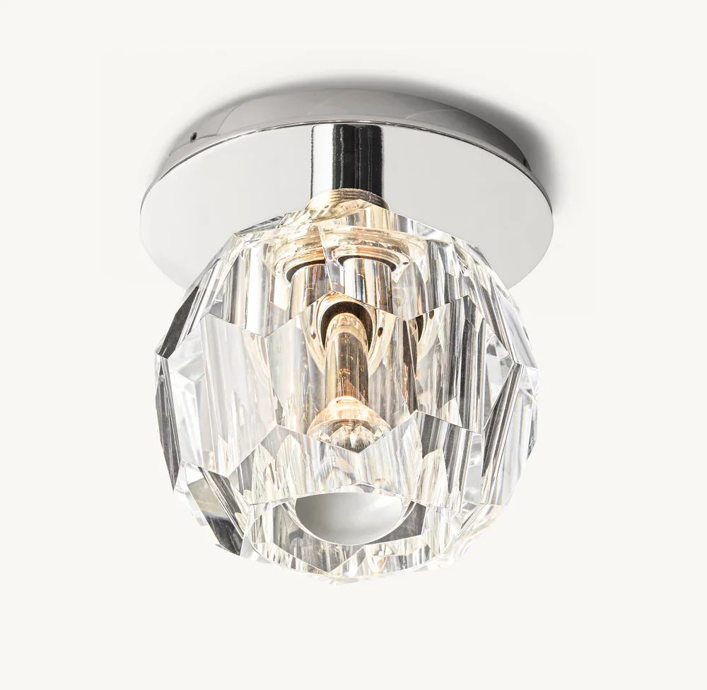 Faceted Crystal Sphere Flush Ceiling Light, Black Finish, Knurled Fixing Collar, Hallway, Landing & Bedroom Corner