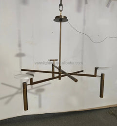 Sculptural Black Branch Chandelier, Crossed Metal Rods with Flat Alabaster Discs, Dining Room and Living Room