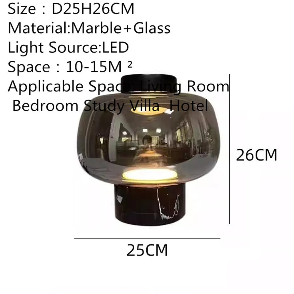 Smoked Glass Dome Table Lamp, Puffed Bubble Shade on a White Marble Base, Black Cap Top, Living Room and Bedside