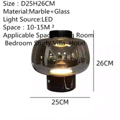 Smoked Glass Dome Table Lamp, Puffed Bubble Shade on a White Marble Base, Black Cap Top, Living Room and Bedside