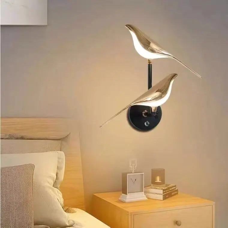Polished Gold Bird Wall Light, 2 Light Sculptural Fitting, Black Backplate, Bedside Wall & Hallway Accent Piece