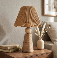 Woven Paper Rope Cone Table Lamp, Amber Finish, Turned Wood Ball Waist, Handmade Texture, Bedside, Console & Living Room