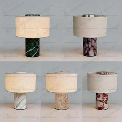 Green Marbled Stone Drum Table Lamp, Cream Linen Shade, Polished Cylinder Base, Bedside & Living Room Console Table