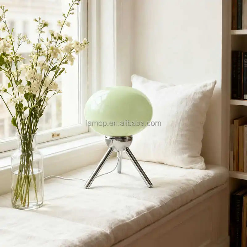 Glossy Mint Ellipse Glass Table Lamp, Splayed Chrome Tripod Base, No Separate Shade, Bedside & Living Room Accent Piece