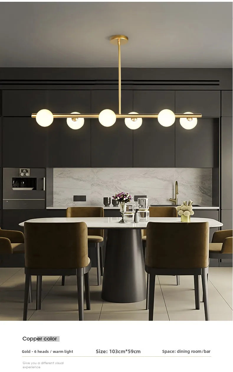 Opal Glass Globe Linear Bar Semi Flush Ceiling Light, Brass Angled Arms, 6 Light, Kitchen Island, Dining Room & Living Room