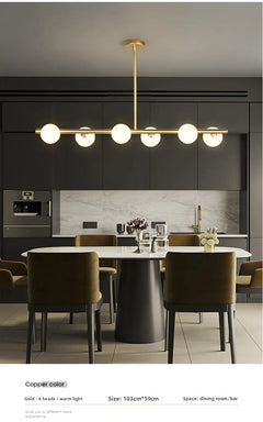Opal Glass Globe Linear Bar Semi Flush Ceiling Light, Brass Angled Arms, 6 Light, Kitchen Island, Dining Room & Living Room