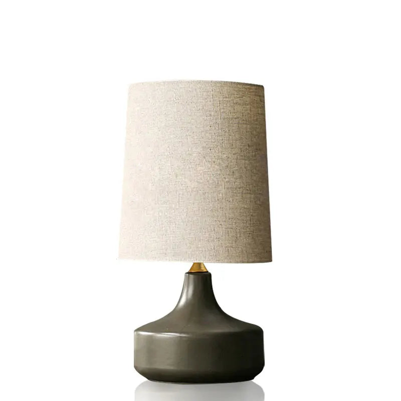 Ceramic Teardrop Table Lamp, Grey Bulbous Glazed Body, Large Size, Linen Drum Shade, Bedroom, Bedside & Living Room