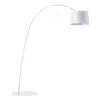 White Arc Floor Lamp, Plain Drum Shade on a Long Curved Steel Pole, Reading Corner and Living Room Sofa Side
