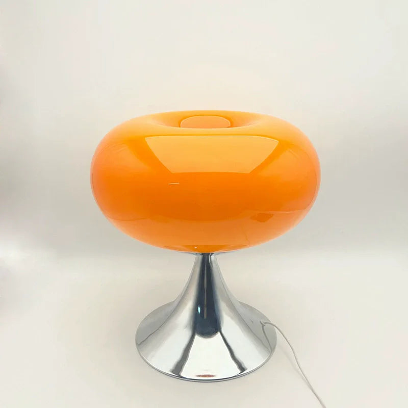 Glossy Orange Glass Dome Table Lamp on a Chrome Trumpet Base, Rounded Mushroom Silhouette, Bedside & Living Room
