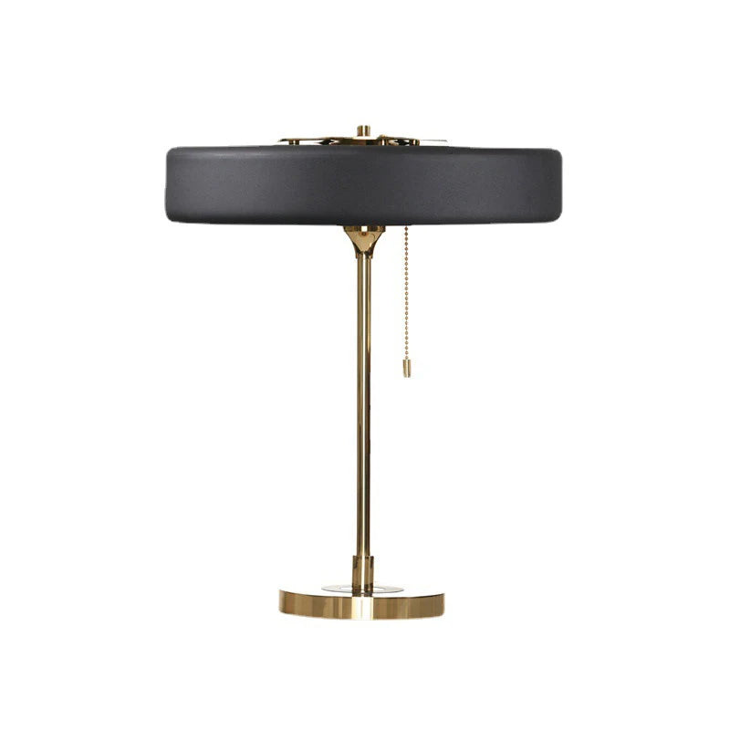 Black Fabric Drum Table Lamp, Brushed Brass Stem, Square Stone Base, Pull Chain Switch, Bedside, Console & Living Room
