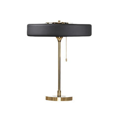 Black Fabric Drum Table Lamp, Brushed Brass Stem, Square Stone Base, Pull Chain Switch, Bedside, Console & Living Room