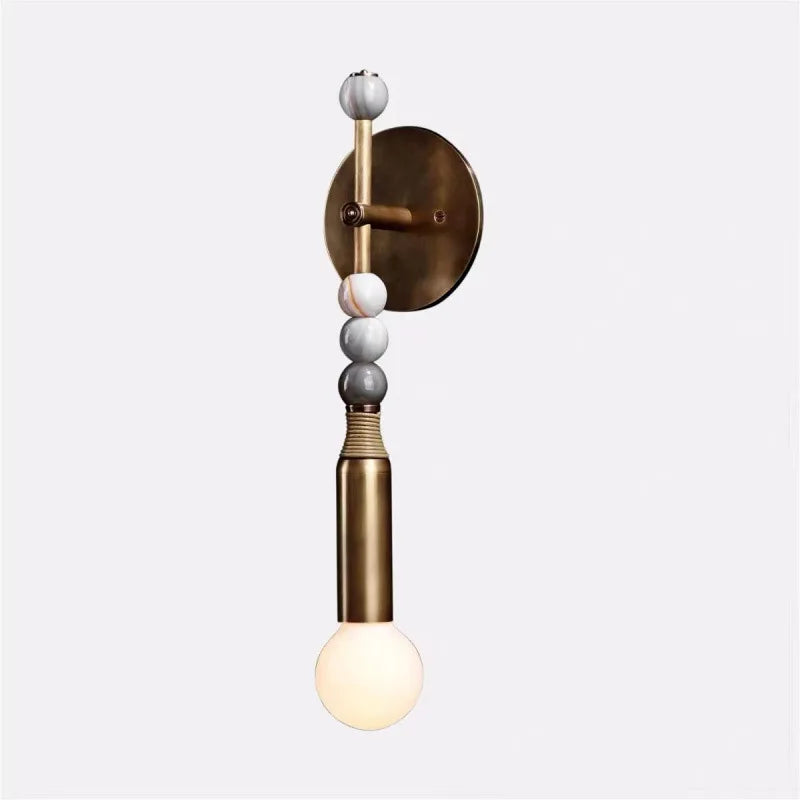 Marbled Stone Bead Wall Light, Antique Brass Rod, Bare Globe Bulb Style, Bedside & Living Room Wall Accent Piece
