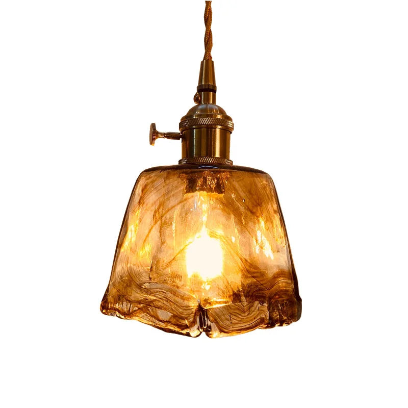 Amber Glass Ruffled Bell Pendant Light, 14cm Shade, Brushed Brass Fitting, Twisted Cord, Bedside & Living Room