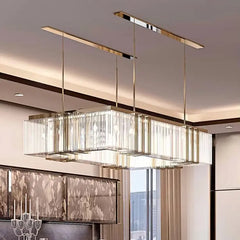 Faceted Crystal Linear Rectangular Chandelier, 200 Centimetre Run, Slim Gold Frame, Dining Table & Kitchen Island