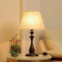 Turned Column Table Lamp, White Finish, Natural Linen Cone Shade, Candlestick Profile, Bedside, Home Office & Console