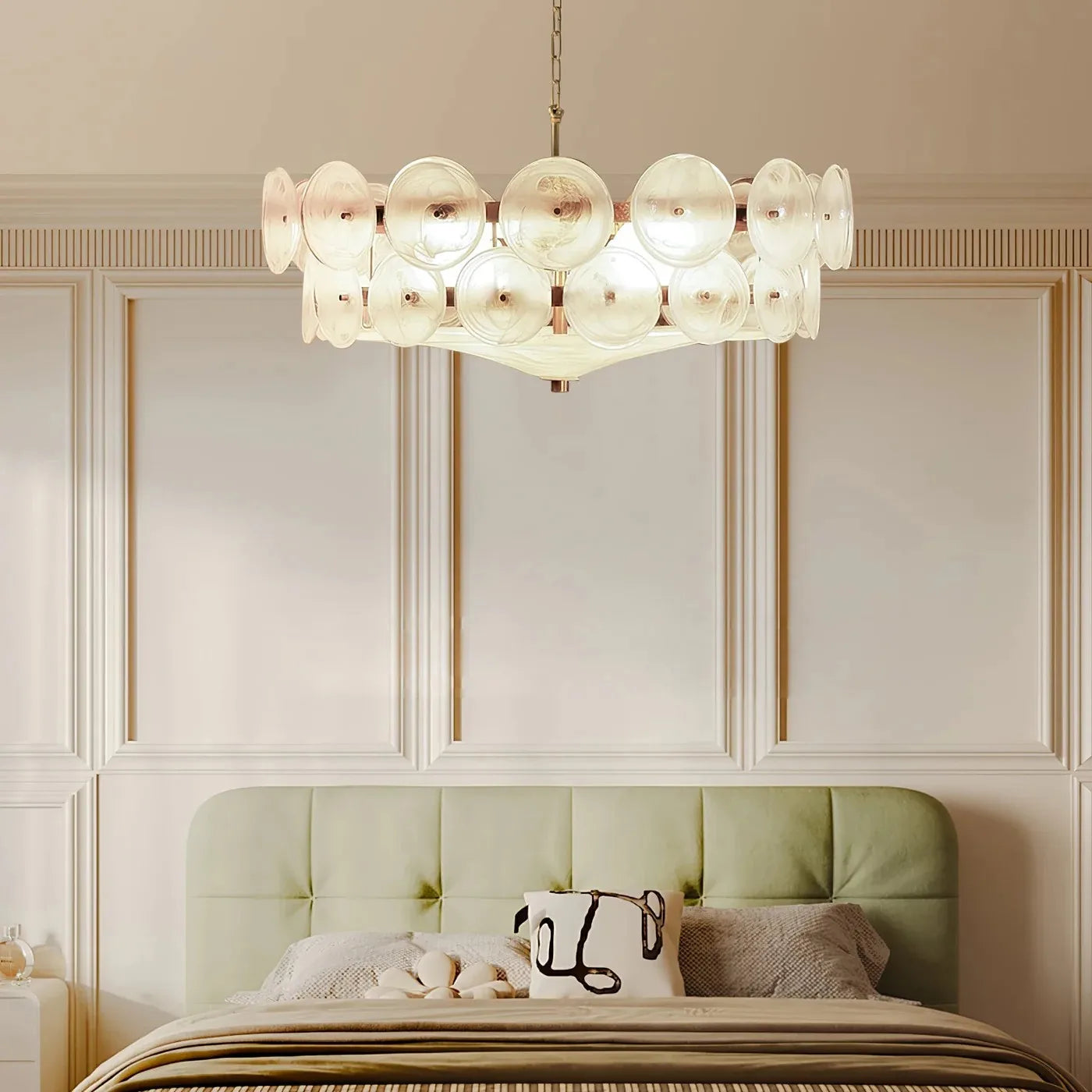 Textured Amber Glass Drum Chandelier, Layered Overlapping Discs, Brass Pin Detail, Integrated LED, Bedroom & Living Room